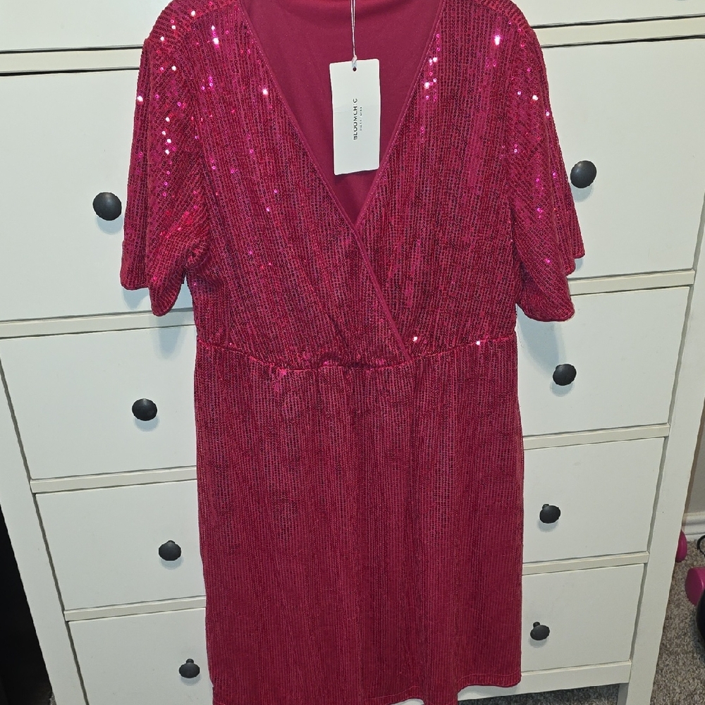 BloomChic Pink Sequin Wrap-Front Midi Dress